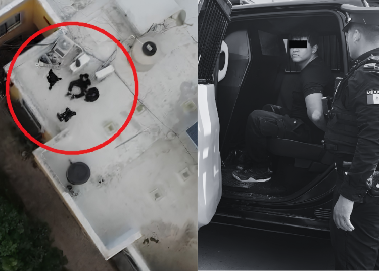 Drone View of a Flat Rooftop with Two Figures Circled in Red; Right Panel Shows a Police Officer with a Detainee in a Vehicle. | Tu Colonia Nuevo León