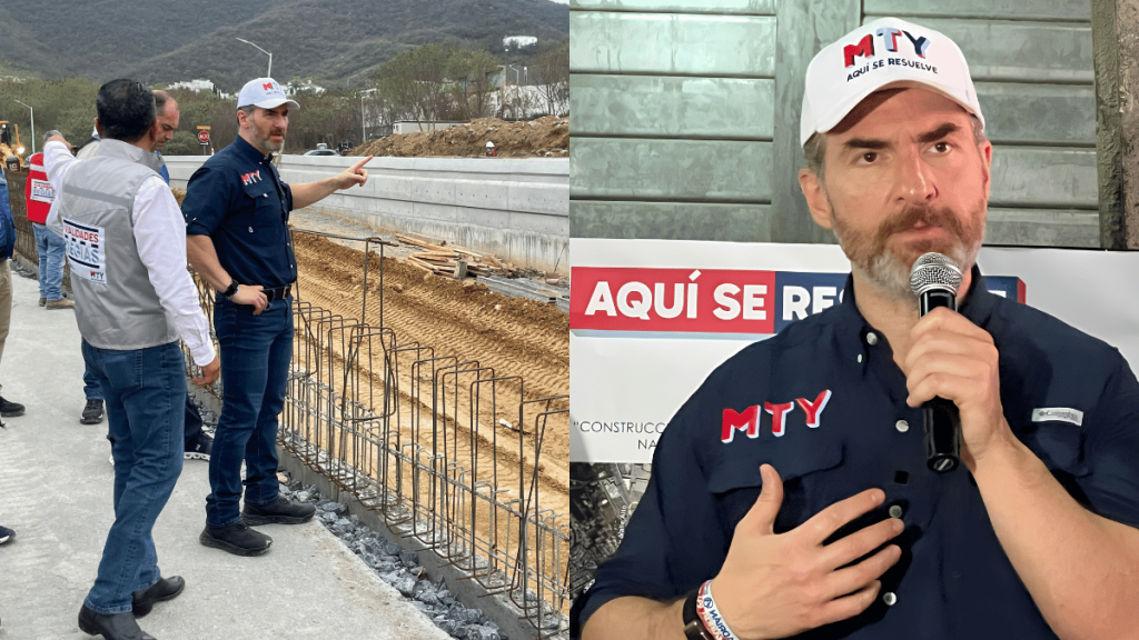 Two-panel Scene: Left Shows a Construction Site with a Man in a Dark Mty Shirt and White Mty Cap Gesturing Toward Exposed Rebar As Others Watch; Right Shows the Same Man Speaking into a Microphone in Front of a Banner That Reads 'AQUI SE RESUELVE'.