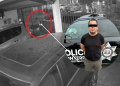 Investigado-por-robo-de-autopartes | Tu Colonia Nuevo León Surveillance Image: a Person Near a Gate Circled in Red; a Police Vehicle is Visible in the Background. an Inset Shows a Man with a Bar over His Eyes Beside the Car. | Tu Colonia Nuevo León