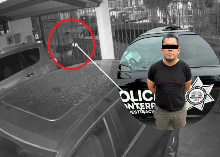 Surveillance Image: a Person Near a Gate Circled in Red; a Police Vehicle is Visible in the Background. an Inset Shows a Man with a Bar over His Eyes Beside the Car. | Tu Colonia Nuevo León