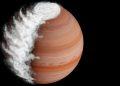 Gas Giant Planet with Orange Bands and a Large White Storm at Its Northern Hemisphere, with Clouds Spilling to the Left. | Tu Colonia Nuevo León