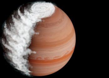 Gas giant planet with orange bands and a large white storm at its northern hemisphere, with clouds spilling to the left.
