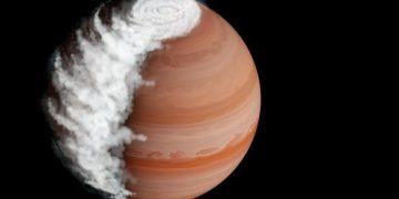 Gas Giant Planet with Orange Bands and a Large White Storm at Its Northern Hemisphere, with Clouds Spilling to the Left. | Tu Colonia Nuevo León