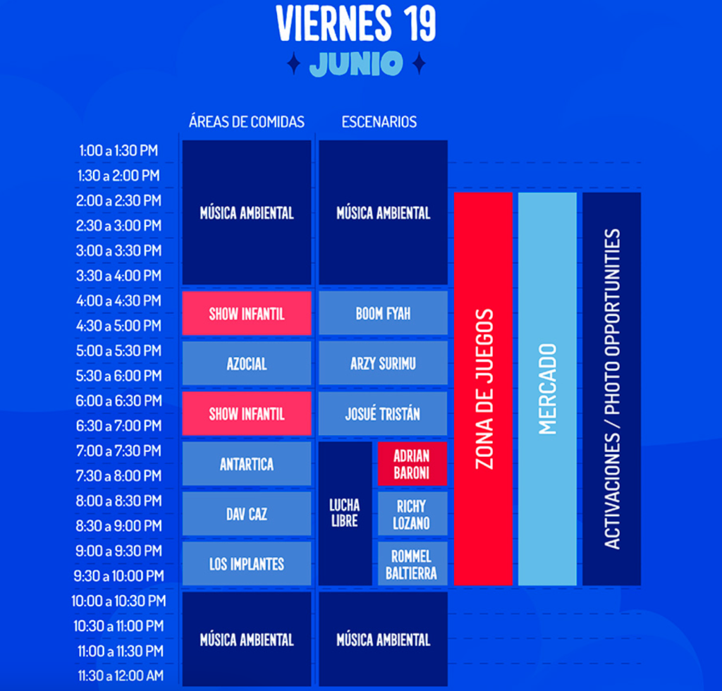 Captura De Pantalla 2026-06-19 a Las 10647 Pm | Tu Colonia Nuevo León Event Timetable for Friday, June 19 Showing Time Slots, Food Areas, Stages, and Activities (música Ambiental, Show Infantil, Zona De Juegos, Mercadado). | Tu Colonia Nuevo León