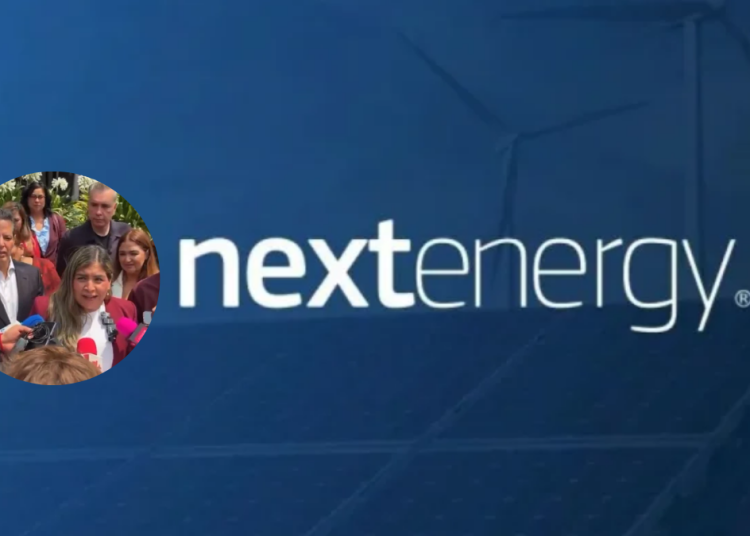 Blue Backdrop with the Nextenergy Logo; Circular Inset Photo of a Woman Speaking to Reporters at a Press Conference. | Tu Colonia Nuevo León