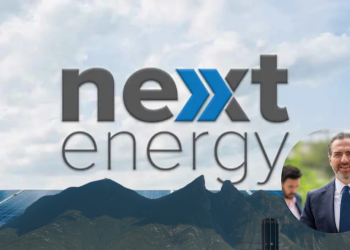 Next Energy Branding with Logo over a Solar Farm and Mountains; Circular Photo of a Smiling Businessman in a Suit | Tu Colonia Nuevo León
