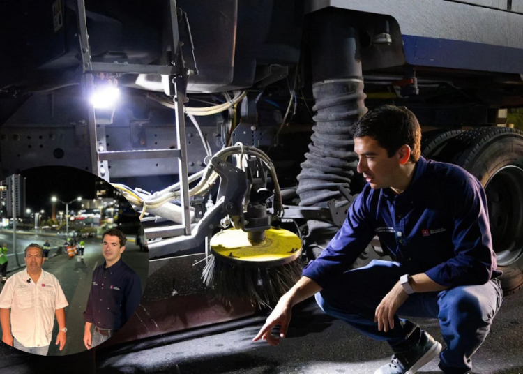 Mechanic Crouching Beside a Large Truck Undercarriage at Night; Inset Shows Two Men Posing at a Nighttime Roadwork Scene. | Tu Colonia Nuevo León