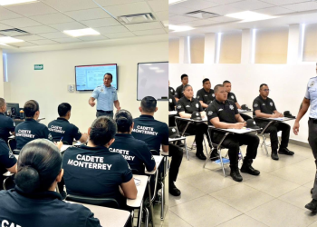 Two-panel Classroom Scene with Cadets in Monterrey Uniforms Listening to an Instructor at the Front of the Room, a Screen and Whiteboard Visible. | Tu Colonia Nuevo León