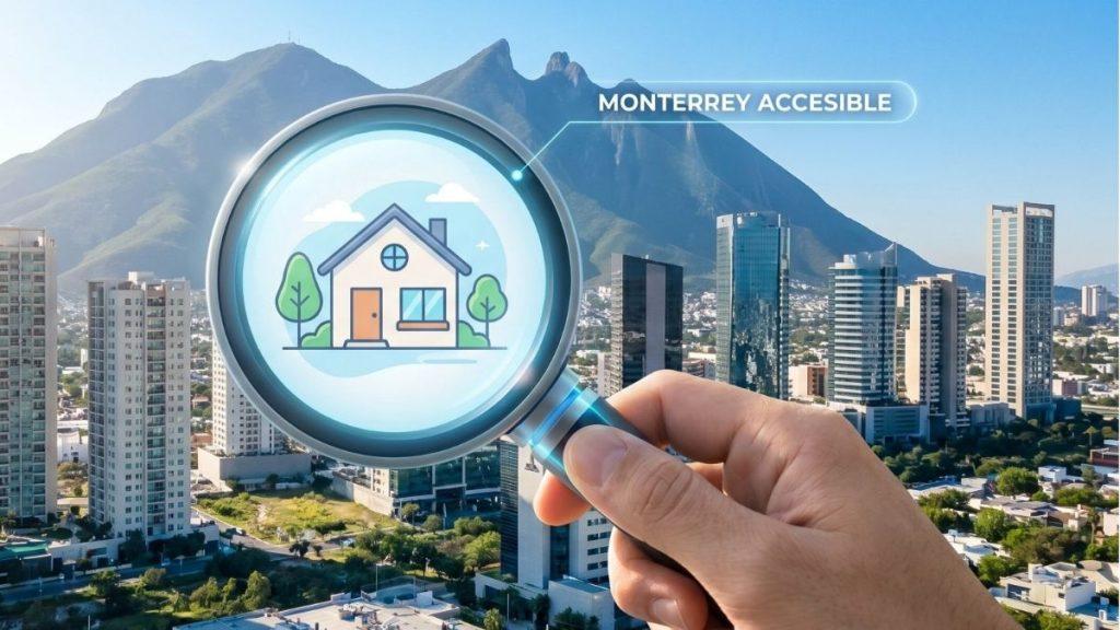 Soluciones-integrales-vivienda-vertical | Tu Colonia Nuevo León Imágen De Unas Montañas Y Una Lupa Mostrando De Cerca Una Casa Apuntando Hacia Los Edificios Del Fondo | Tu Colonia Nuevo León